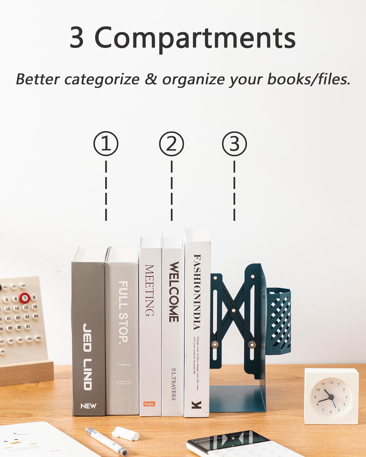 Kingsmile Book Ends, Adjustable Bookends for Shelves, Metal Bookends for Heavy Books, Book Stopper Organzier with Pen Holder for Desk, Kids Room, Office, Classroom, Library, Study Room.(Blue)