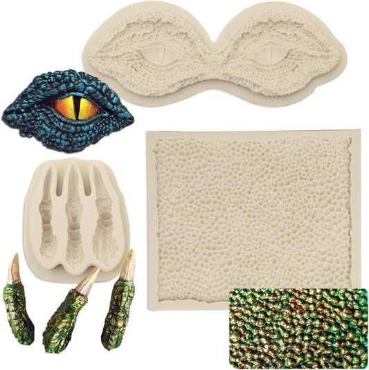 Dragon Fondant Molds (3 Pack), Silicone Dragon Eyes Dinosaur Claws Skin Candy Mold for Baking Dragon Themed Christmas Cake, Chocolate, Cupcake Decoration, Polymer Clay, Resin, Gypsum