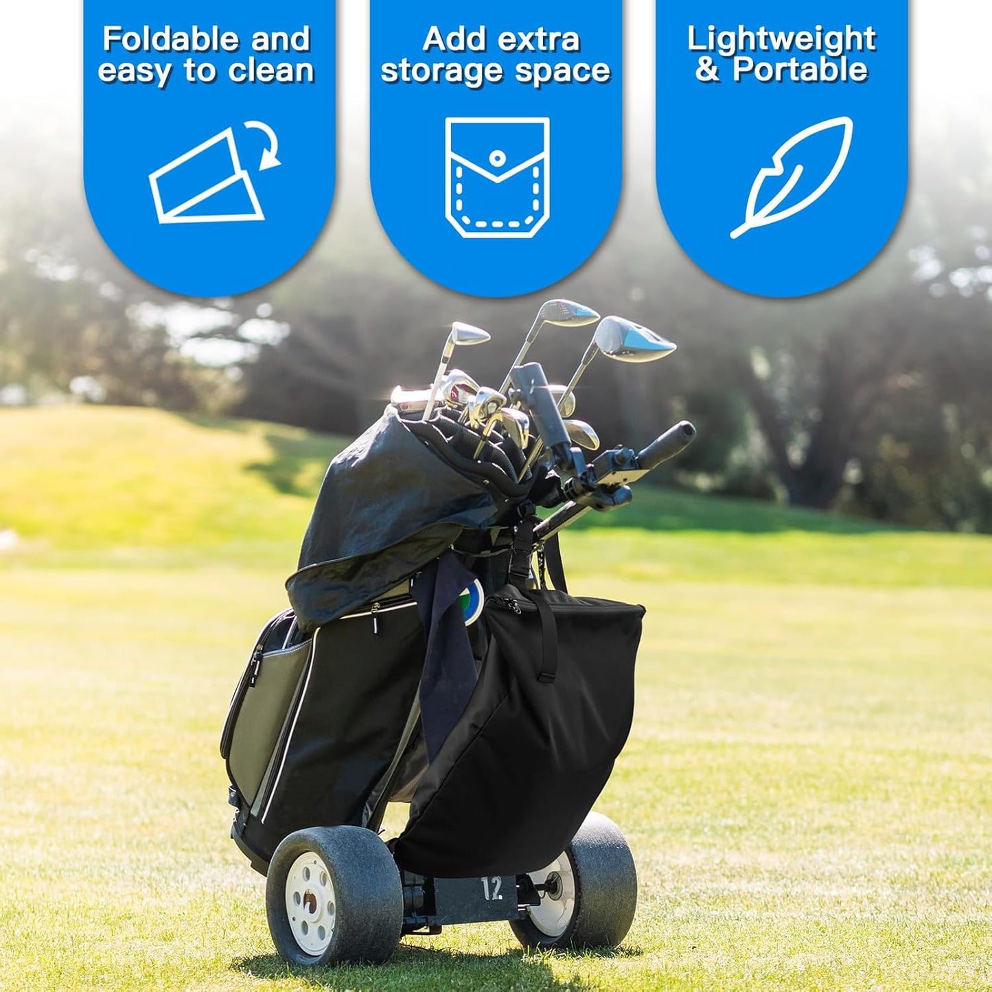 Xxerciz Golf Push Cart Accessories Storage Bag, 3 Wheel Push-Pull Cart Backside Extension Storage Bag with Zipper Closure, Portable Nylon Organizer for Universal Golf Push Carts