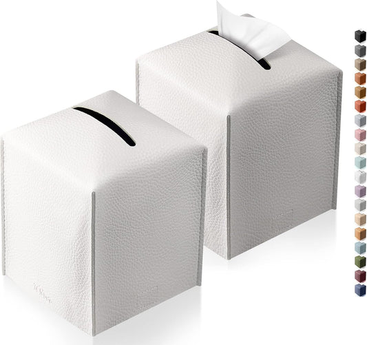 Tissue Box Cover, Tclouda, Modern PU Leather Square Tissue Box Holder for Creative Decorative, 2 Pack, Ideal for Bathrooms/Office/Car/Nightstand/Outdoor Tent/Dining Table, 5"X5"X5", Double White