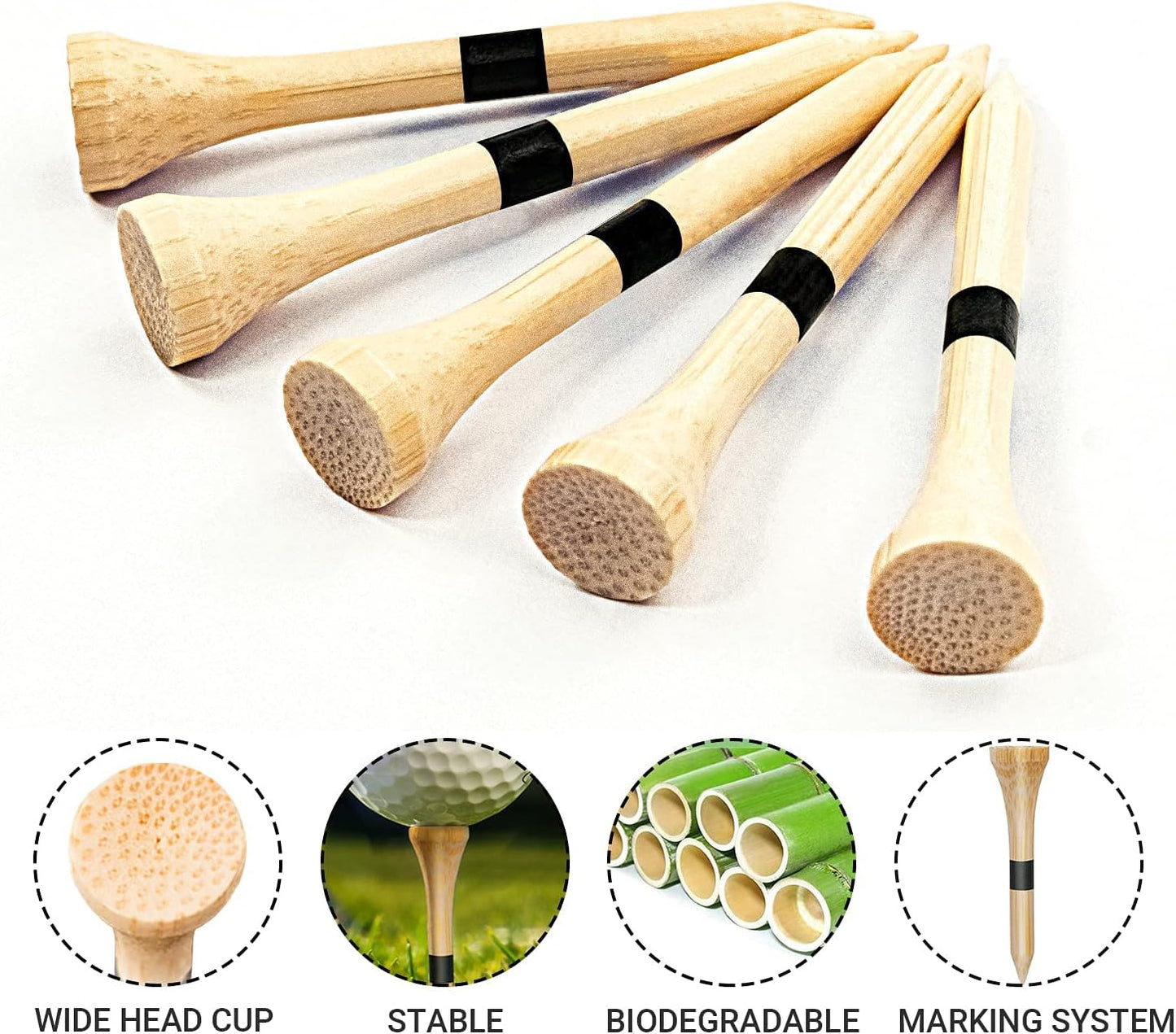 SAPLIZE Bamboo Golf Tees Pack of 100 or 150, Four Size Options (3-1/4", 2-3/4", 2-1/8", 1-1/2"), Stable and Reliable Golf Tees, Available in Natural Color