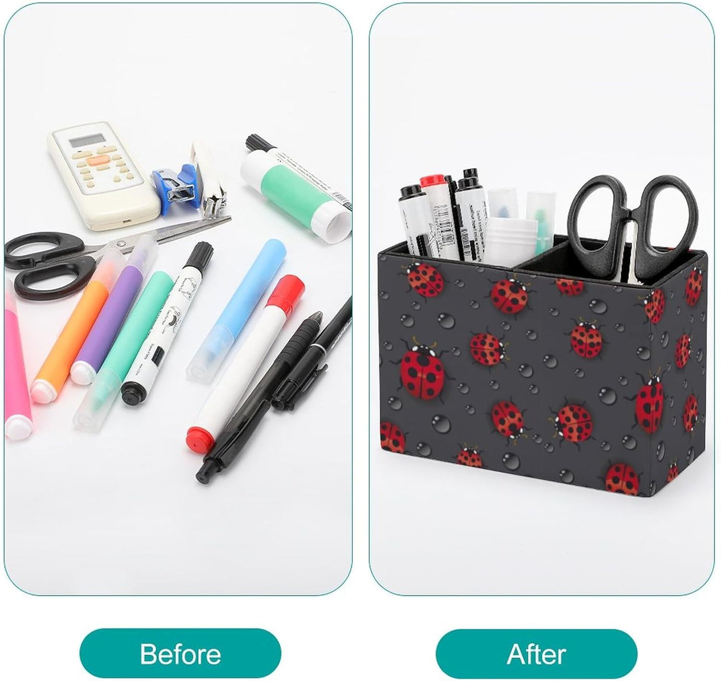 Pen Holder, Pencil Holder for Desk Organizer, Red Ladybugs Waterdrop PU Leather Pencil Cups Desktop Stationery Storage Makeup Brush Holder Pen Organizer for Office Home