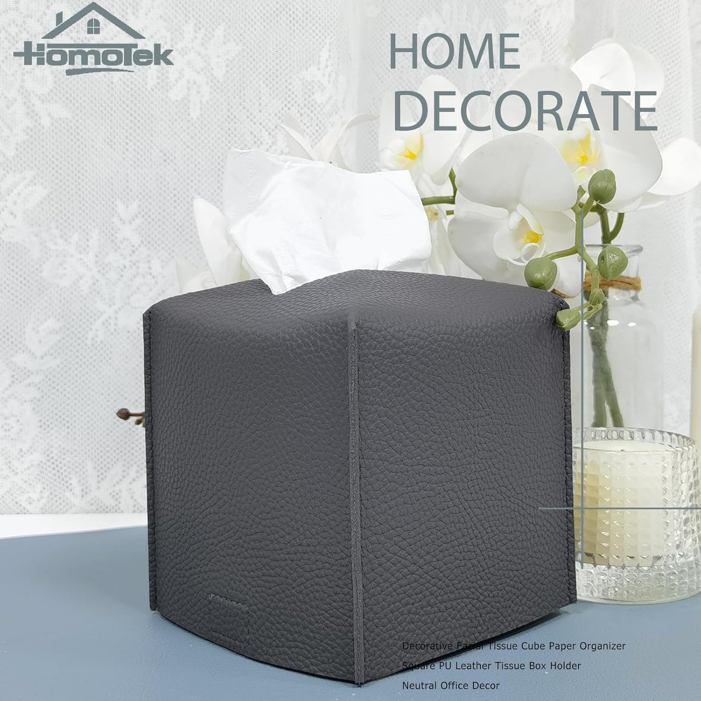 HOMOTEK 2 Pack Tissue Box Cover, Square PU Leather Tissue Holder, Decorative Facial Tissue Cube Paper Organizer Dispenser for Bathroom, Night Stands, Desk, Car 5X5X5'' - Beige, Pebble Grain