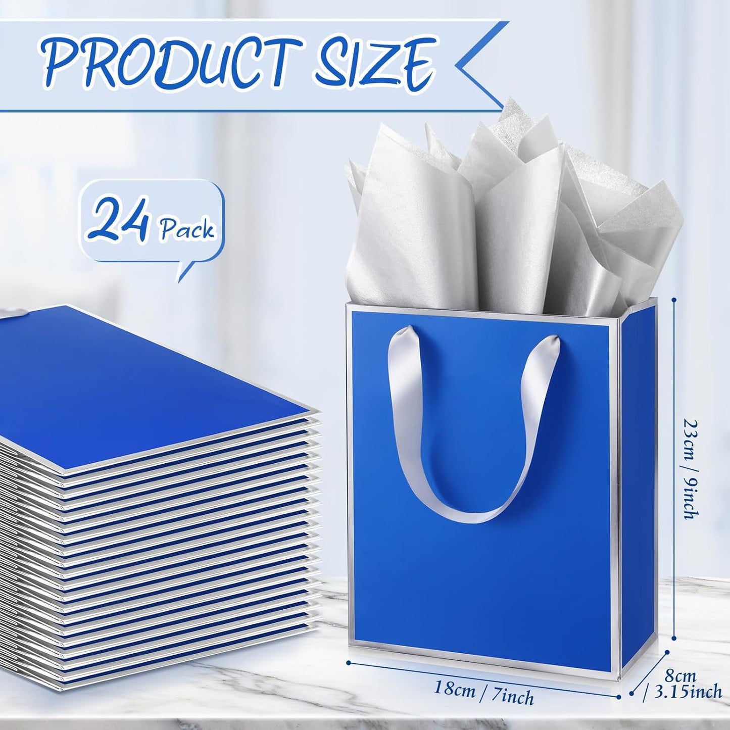 Yeaqee 24 Pack Metallic Paper Gift Bags with Handle and Tissue 9x7x3.1 Gold Foil Welcome Favor Bags Return Gifts for Wedding Fall 5 Senses Christmas Bridesmaid Birthday(Royal Blue,Silver)