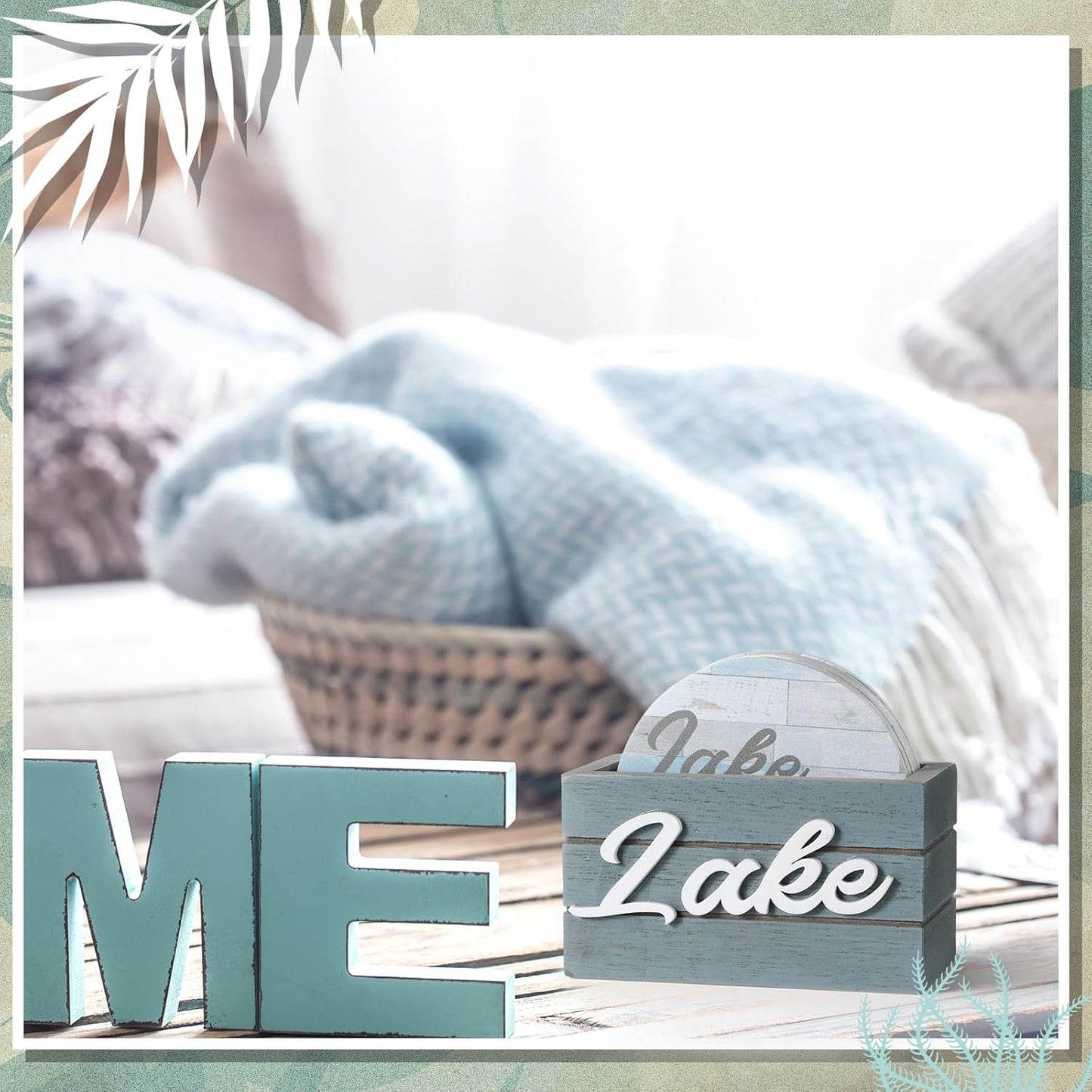 Queekay 6 Set Lake Theme Coasters with Holder for Drinks, Lake Lovers House Gifts, 4'' Wooden Coasters with Sayings Housewarming Gifts for Home Bar Coffee Table Decorations(Stylish Color)