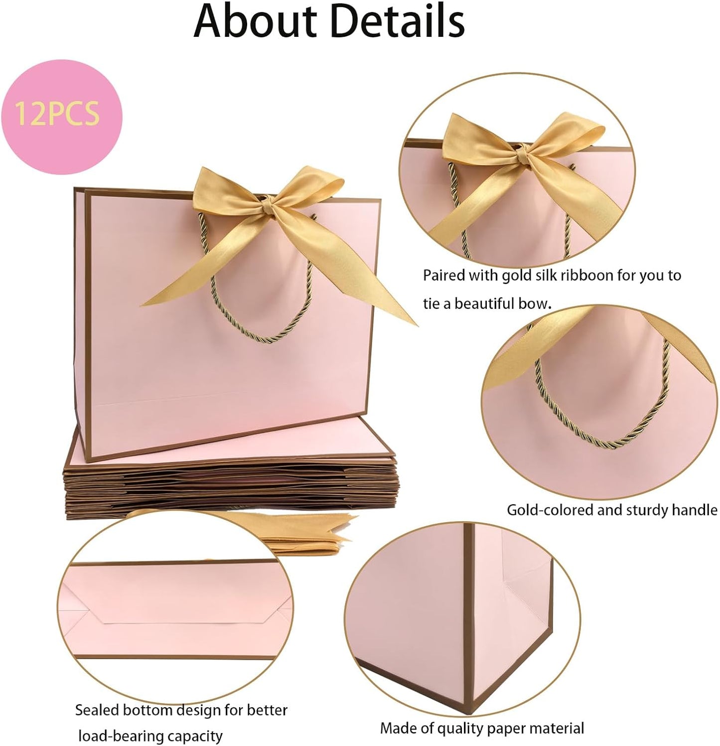 TKSBAG 12PCS Gift Bags Medium Size with Handles, 12.5 x 9.8 x 4.3 In Pink Gold Thank You Bags with Bow Ribbon for Wedding, Birthday, bridesmaid, Groomsmen, Party Favors, Thanksgiving, Christmas