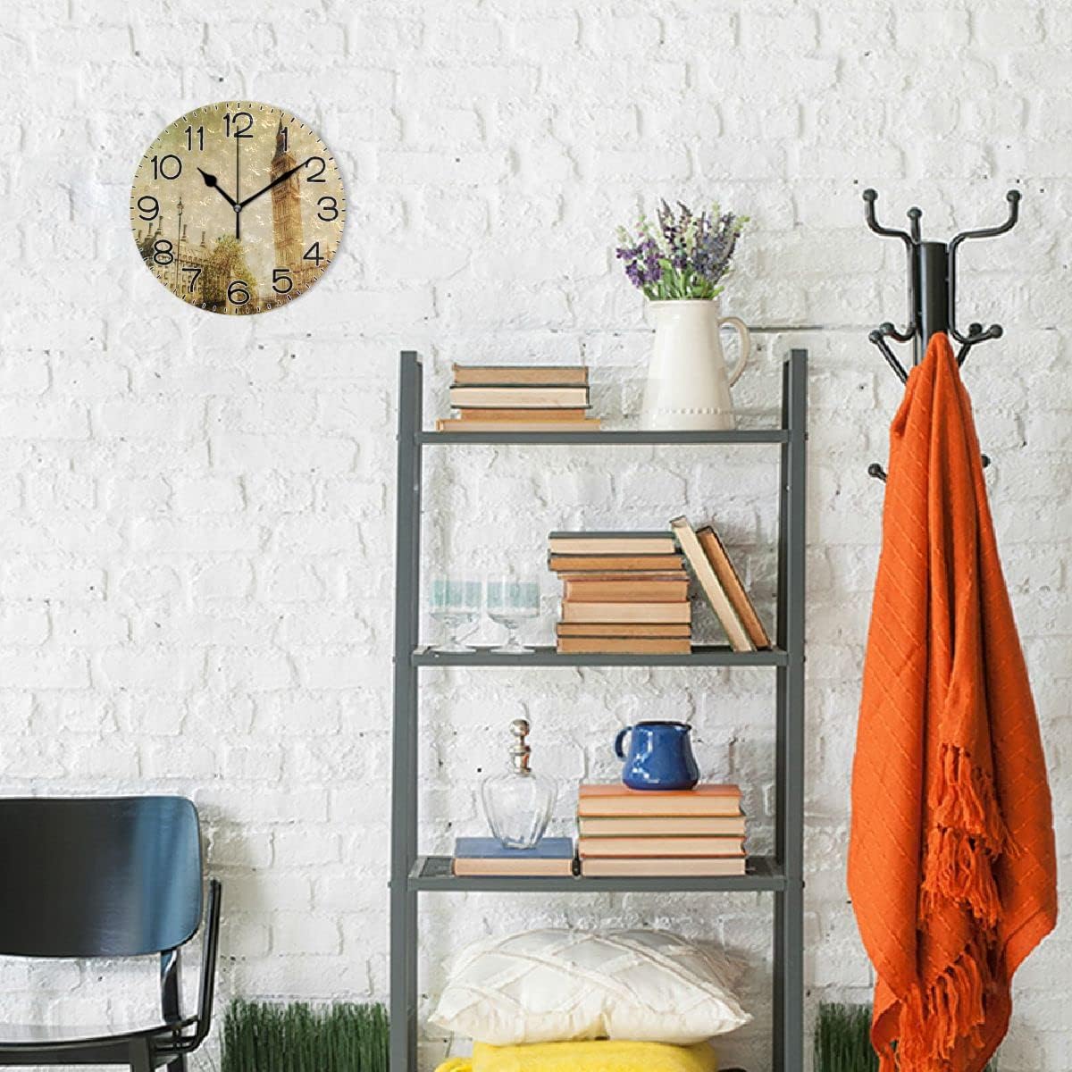Vintage London with Big Ben Wall Clock Battery Operated Non Ticking Silent Quartz Analog Rustic Farmhouse Round Clock Retro Decor for Home Kitchen Living Room Bathroom