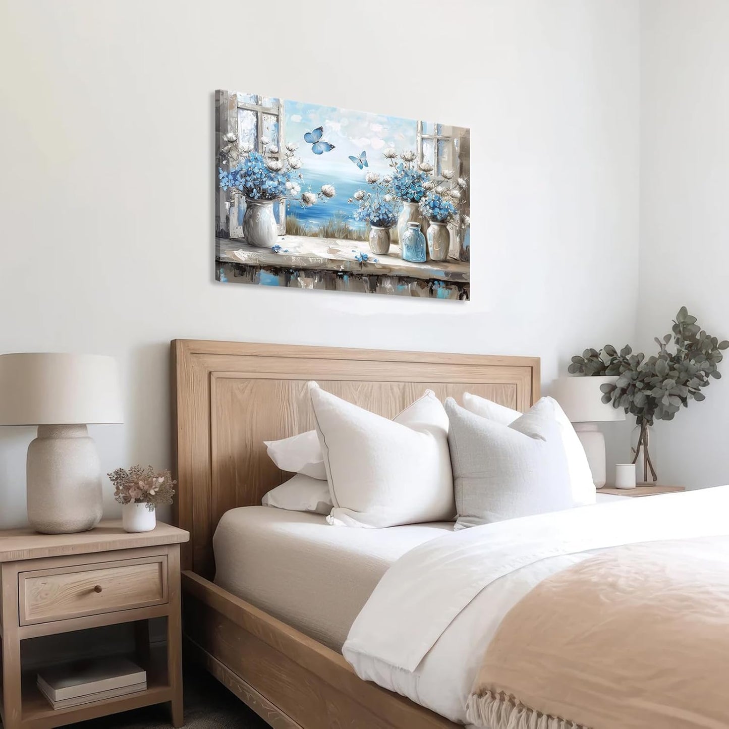 Blue Coastal Flower Bathroom Canvas Wall Art Butterfly Bathroom Painting Picture Wall Decor Window Beach Butterfly Poster Print Artwork for Living Room Bathroom Home Decoration