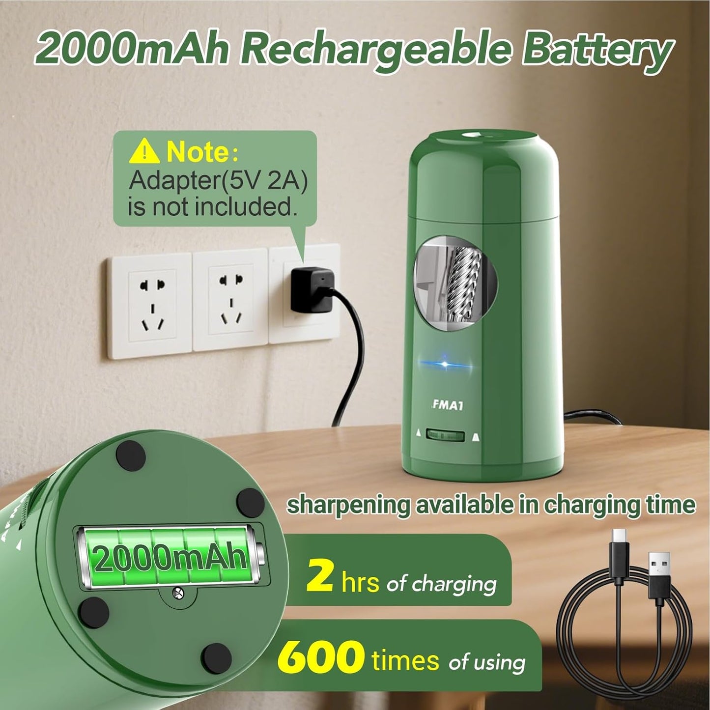 AFMAT Electric Pencil Sharpener, Rechargeable Fully Automatic Pencil Sharpener for Jumbo & Colored Pencils (7-11.5mm), Auto in/Out, Hands-Free, Portable for Home/Classroom/Office PSX6(Green)