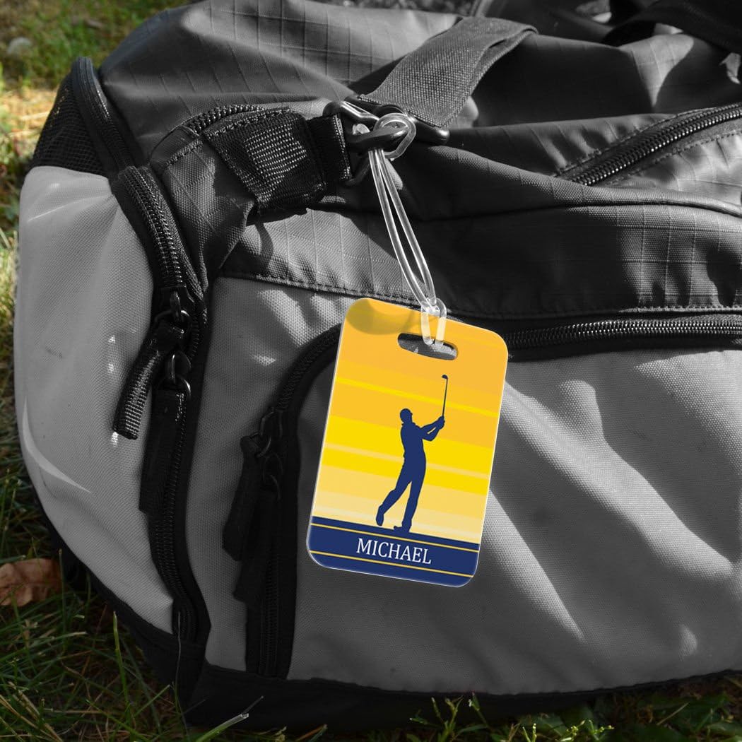 ChalkTalkSPORTS Golf Luggage & Bag Tag | Personalized Male Golfer | Standard Lines on Back | Medium | Yellow