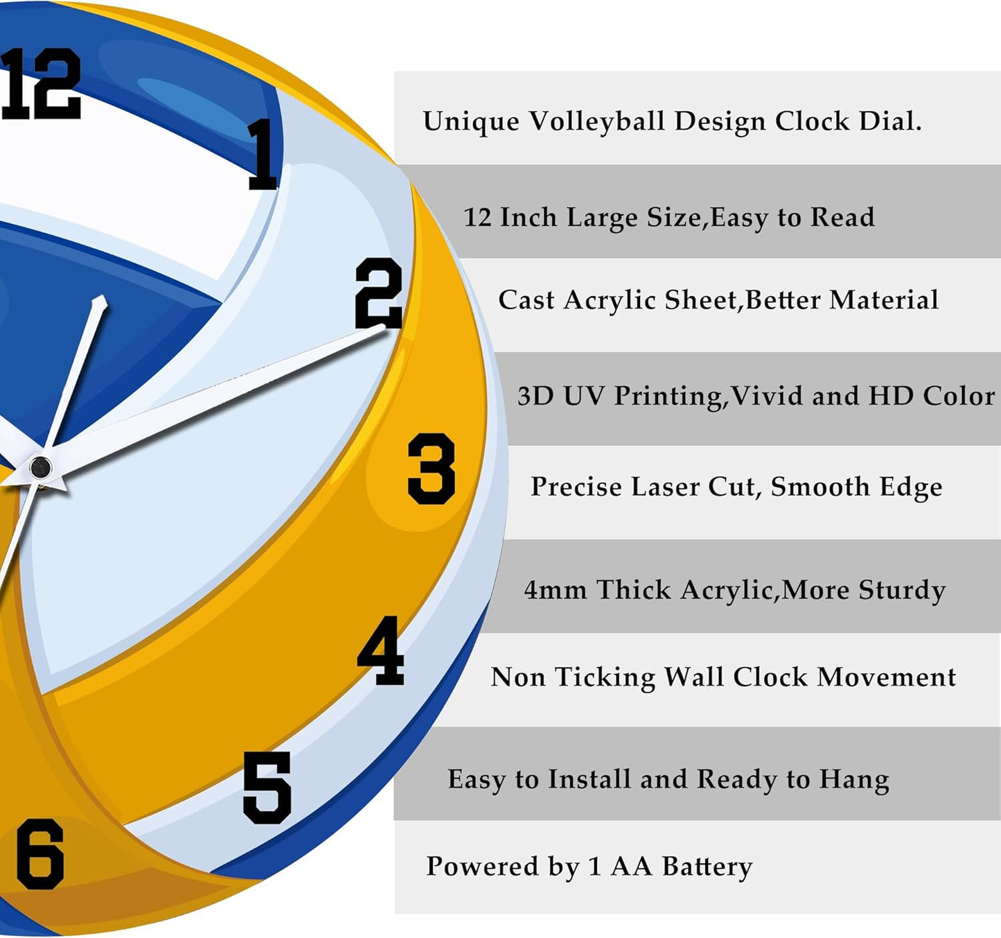 12 Inch Sports Wall Clocks with Silent Clock Movement and Battery Operated, Great Decor for Bedroom, Living Room or Classroom (Volleyball Wall Clock)