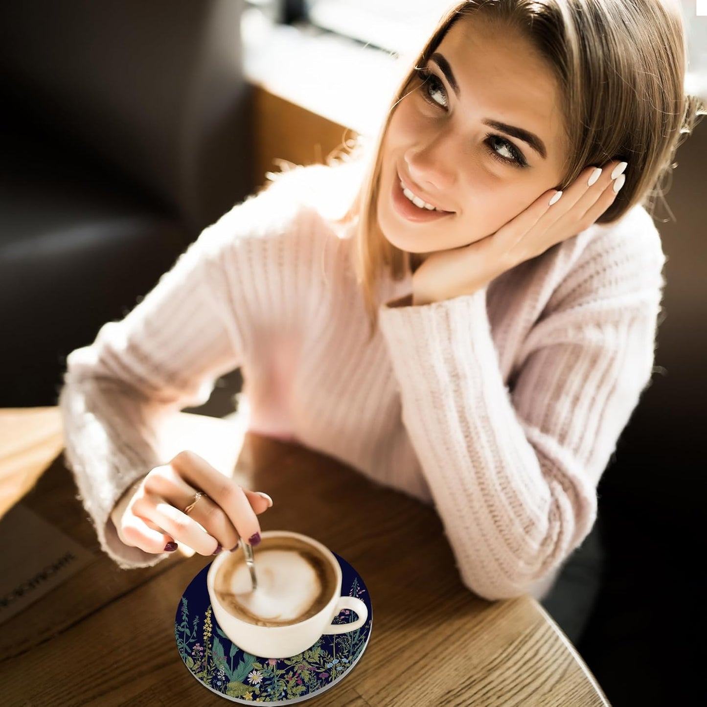 Coasters for Drinks, Set of 4 Absorbent Ceramic Coasters, Wild Flowers Herbs Botanical Design, Round Shape, Perfect for Coffee Table Protection