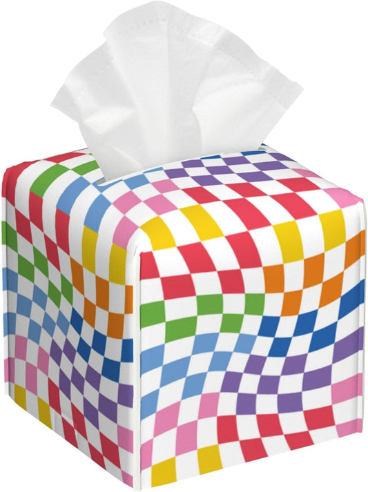 Tissue Box Cover Square,Colorful Wavy Checkerboard Tissue Box Holder Waterproof Leather Facial Paper Case Modern Home Decoration for Bedroom Dresser Night Stand Office Desk