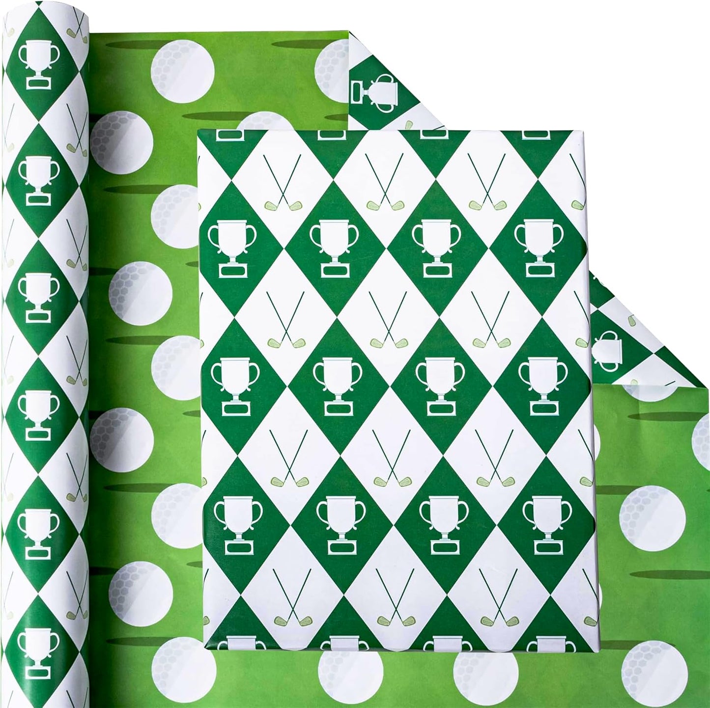 Vnaaem Reversible Golf Wrapping Paper Roll for Men Kids - Green Golf Champion Plaid Clubs & Golf Balls Design Gift Wrap for Birthday, Holiday, Summer Party Favor - 17 in x 20 ft(Total 28.5sq.ft)