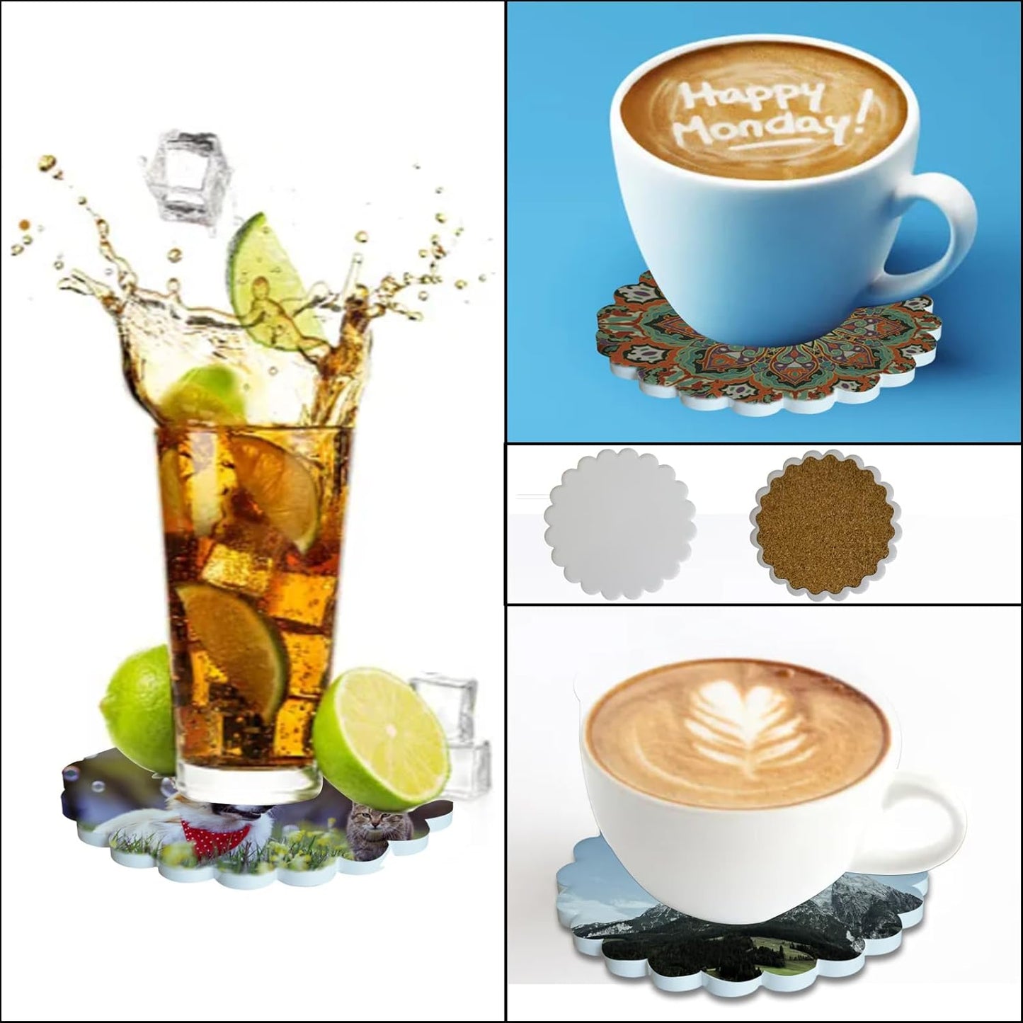 Sublimation Ceramic Coasters Blanks Bulk Round Flower Wavy Edges Drinks Coffee Cup Table Coaster, Absorbent Heat Transfer Ceramic Set for Painting Home Decor with Cork Backing Pads(Wavy Edges 24 PCS)