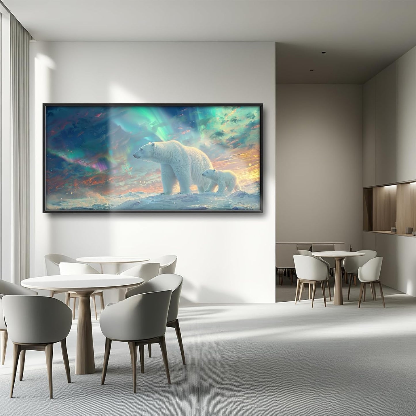 Large Polar Bear Framed Wall Art for Living Room White Polar Bear Pictures Wall Decor Aurora Canvas Print Painting Artwork Modern Home Decorations for Bedroom Office 60x30 inch