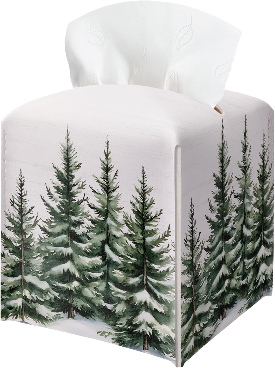 Winter Pine Tree Tissue Box Holder, Leather Tissue Box Cover Square with Bottom Belt, Paper Facial Decorative Tissues Cover for Night Stands Bathroom Kitchen Office Home Decor-B23