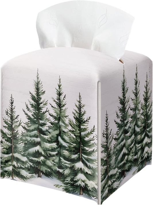 Winter Pine Tree Tissue Box Holder, Leather Tissue Box Cover Square with Bottom Belt, Paper Facial Decorative Tissues Cover for Night Stands Bathroom Kitchen Office Home Decor-B23