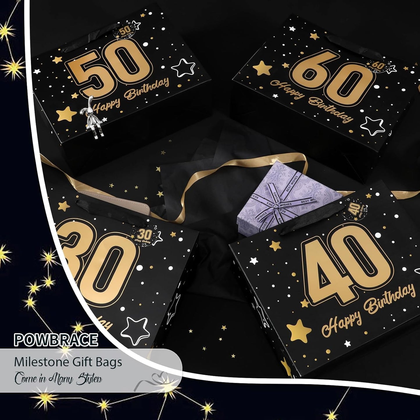 Powbrace 13" Black Happy Birthday Gift Bag with Tissue Paper and Greeting Card for Party,Happy Birthday Gift Bag for Men Women,Gift Bags Medium size(1 Black 50th)