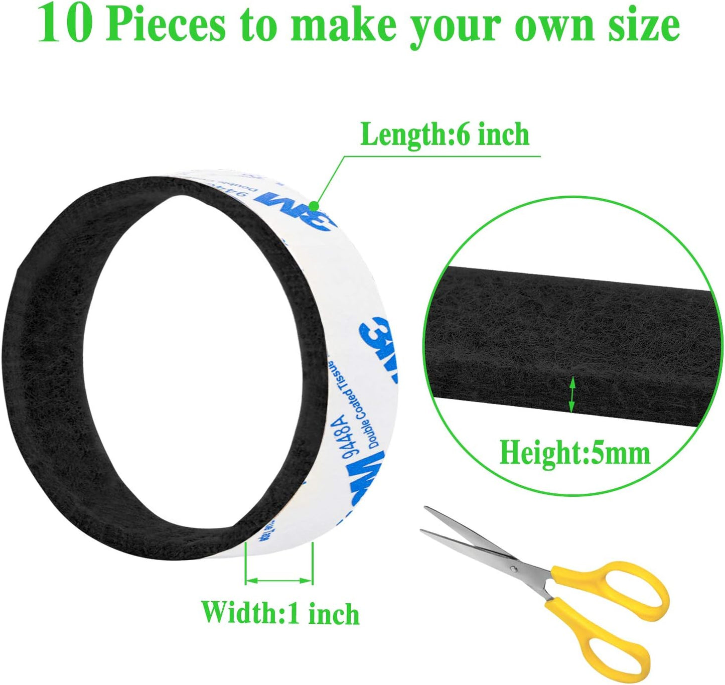 Felt Strips 10Pieces Pack 1x 6 Inches Self Adhesive Black Furniture Felt Strips Anti Scratch Heavy Duty 5mm Thick Floor Protector for Rocking Chair for Hardwood Floor