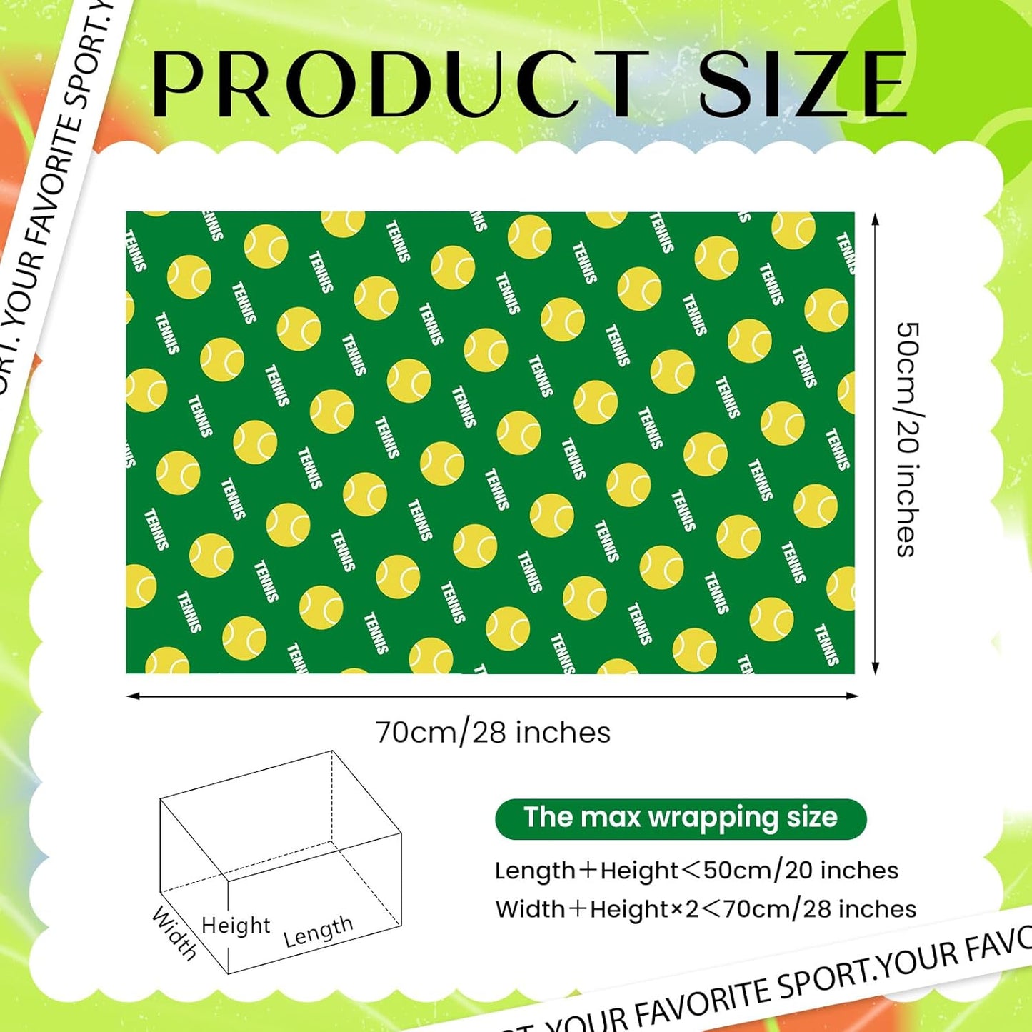 Tennis Wrapping Paper 12 Sheets Sports Tennis Racket Wrapping Paper Tennis Ball Gift Wrap for Birthday,Team Celebration Gifts Packing Paper - 20" x 28"