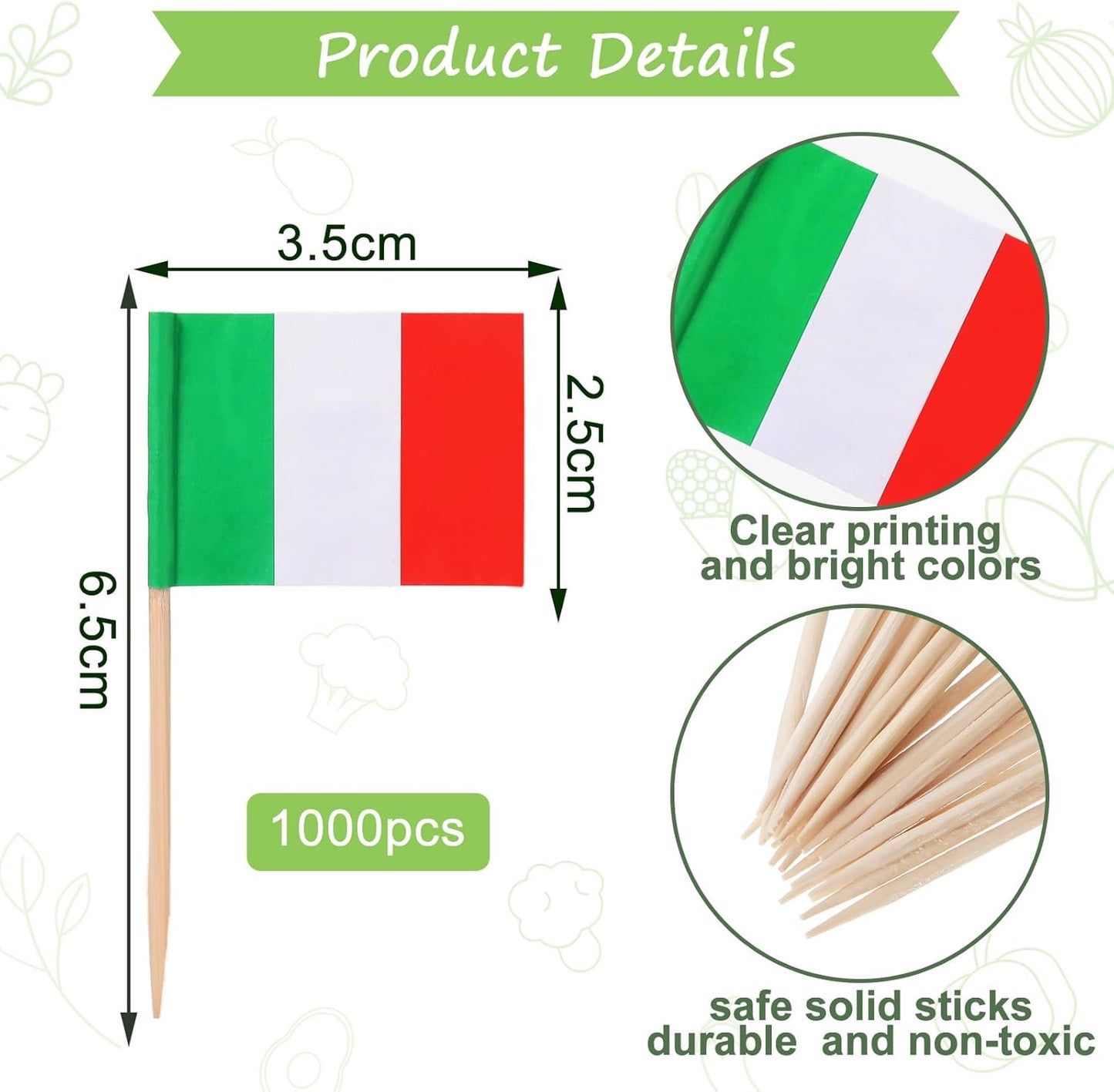 Meanplan 1000 Pcs Italy Flag Italian Toothpick Flags, Cocktail Picks Small Mini Stick Italy Cupcake Toppers Country Picks Party Decoration Celebration Cocktail Food Appetizers Bar Cake Flags