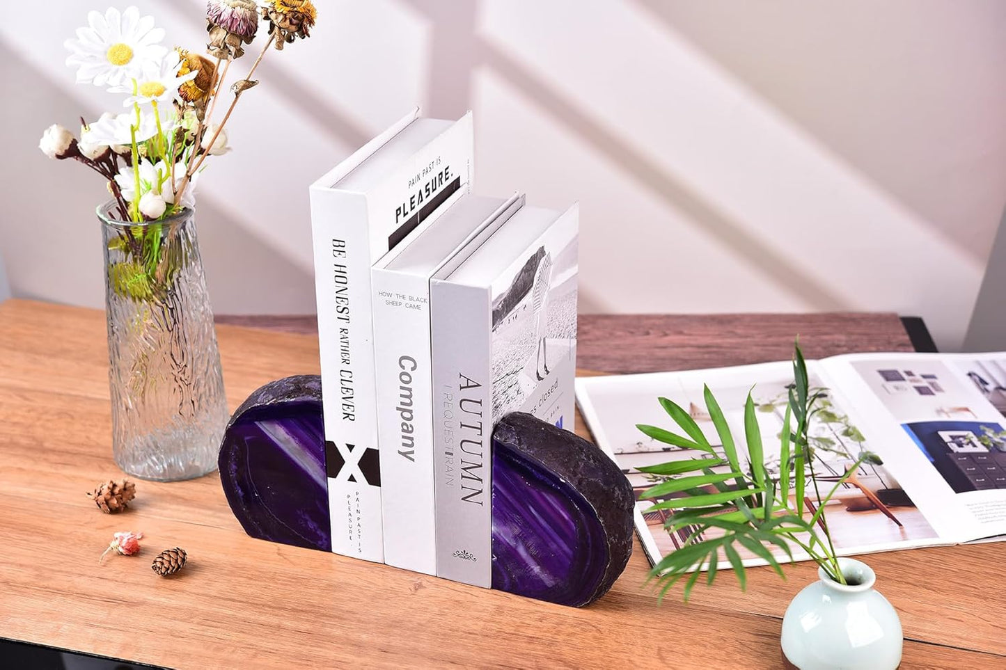 AMOYSTONE Agate Bookends Purple Decorative Stone Book Holders for Hardback Book or Cookbooks, Unique Stone Book Stoppers Bookends 4-5 LBS with Rubber Bumpers, Home Office Decor