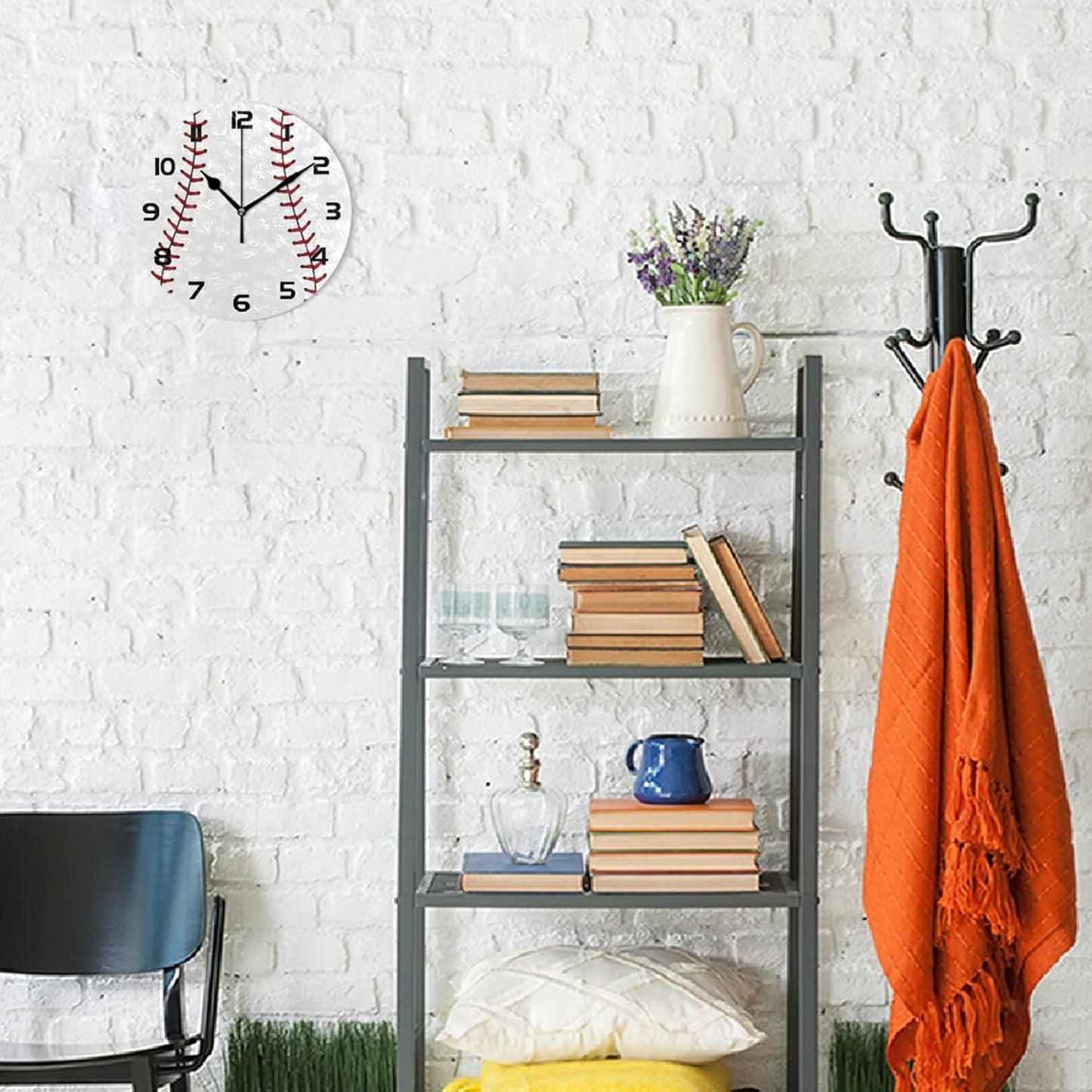 Sports Baseball Print Wall Clock Silent Non-Ticking,Baseball 9.5 Inch Round Wall Clock Battery Operated Clock Decor for Boys Room Home Wall Bathroom Kitchen Bedroom Living Room Office Classroom Patio