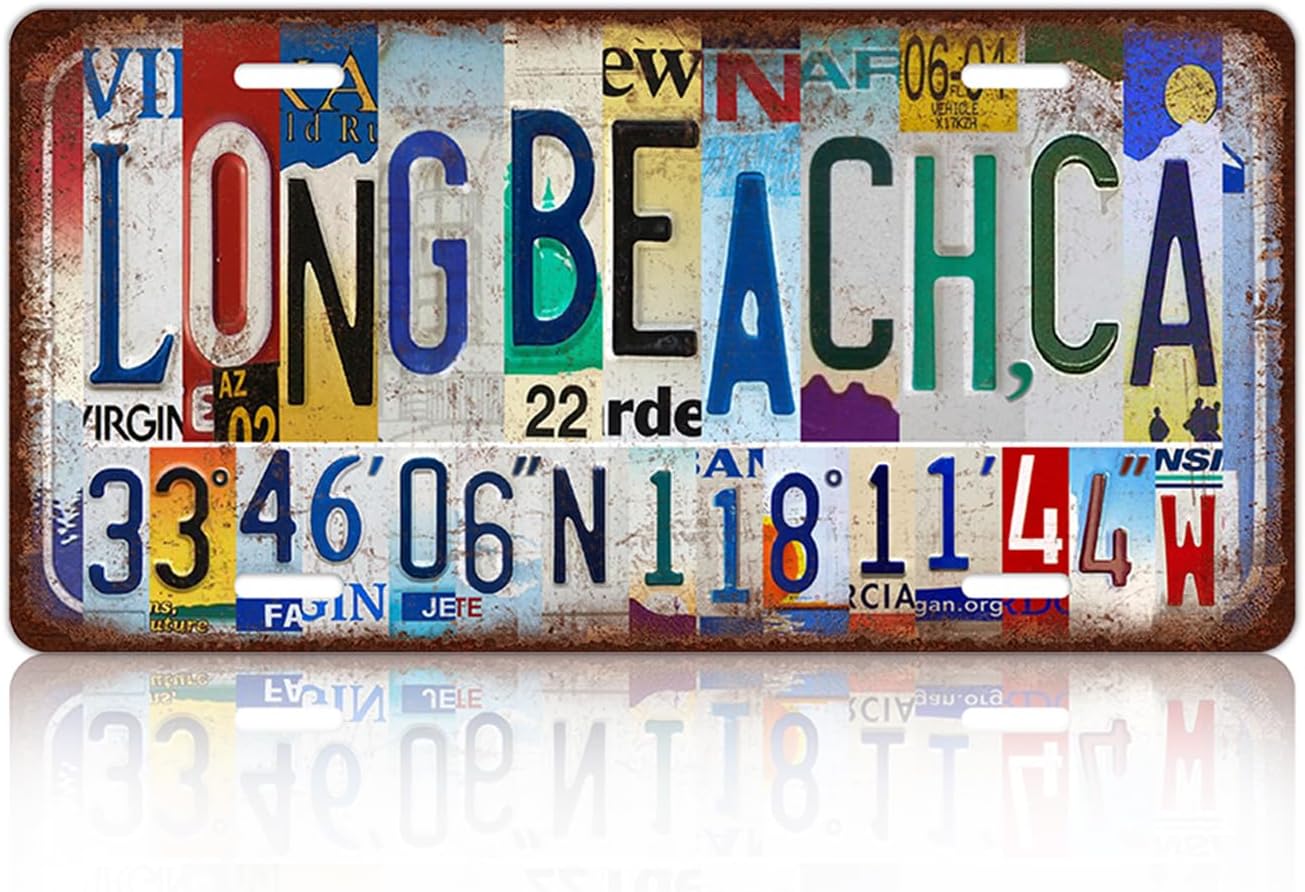 Vintage City License Plate Long Beach,Ca Wall Decor Metal Tin Sign for Bar Home Bedroom 12 x 6 Inches （Including latitude and longitude）