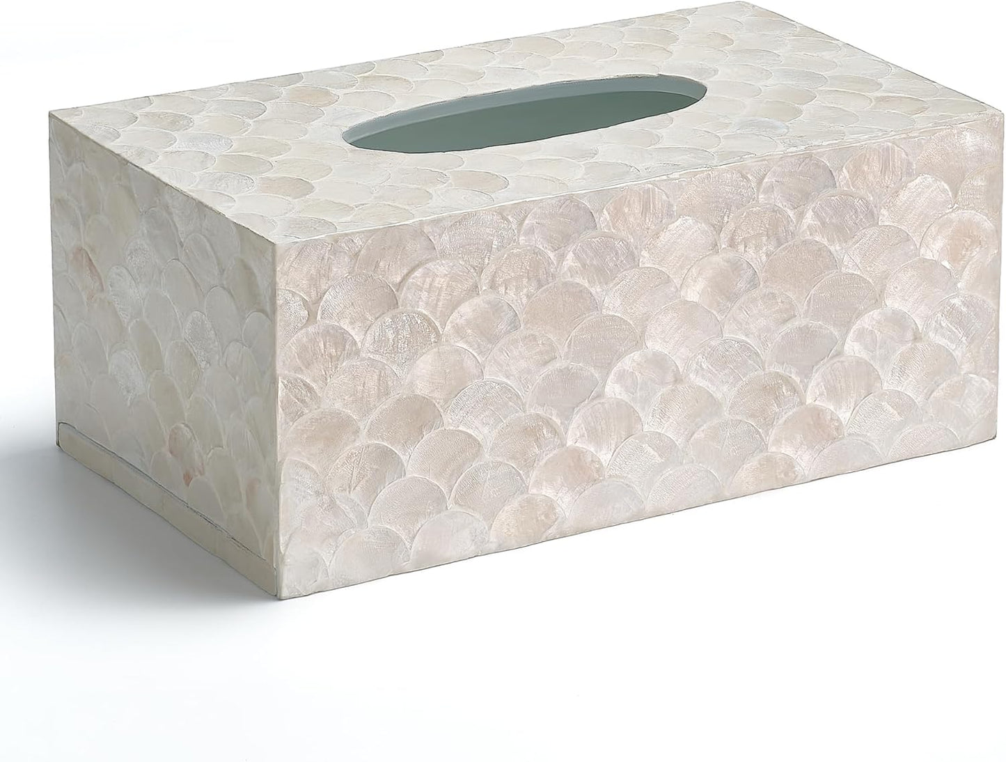 Rectangular Capiz Tissue Box Cover, Decorative Mother of Pearl Inlay Tissue Box Holder for Bedroom, Bathroom, Kitchen, and Office, Rectangle Tissue Box Cover White (10.25” x 5.9” x 4.33”)