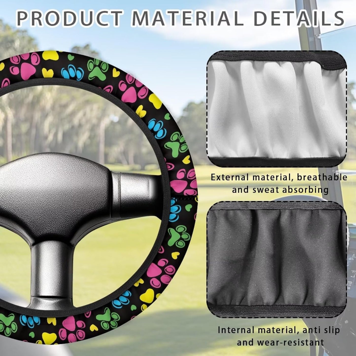 Fashion Dog Paw Steering Wheel Cover Colorful Universal Fit Golf Cart Steering Wheel Covers Anti-Slip Club Car Golf Cart Accessories 13-14 Inch Cooling in Summer