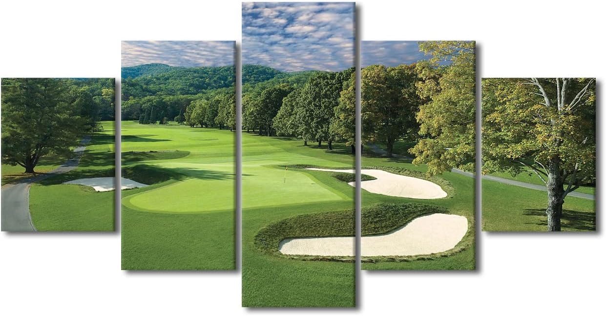 American Golf Course Field Wall Art West Virginia United States Course Photos Sport Canvas Wall Art 5 Panels for Living Room Bedroom Office Wall Decor Poster Prints Framed Ready to Hang - 60"W x 32"H