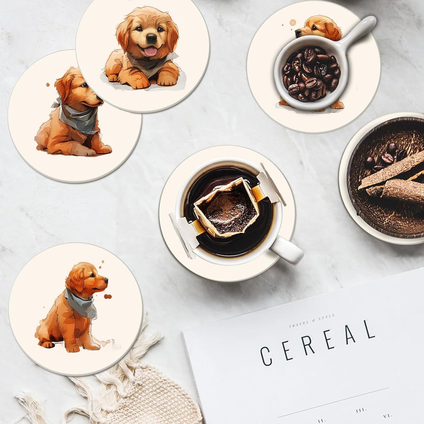 Boho Set of 6 Coasters for Drinks Absorbing Round Ceramic Stone Coaster with Cork Base,Tabletop Protection Mat for Mugs and Cups,Office,Kitchen (Golden Retriever Puppy)