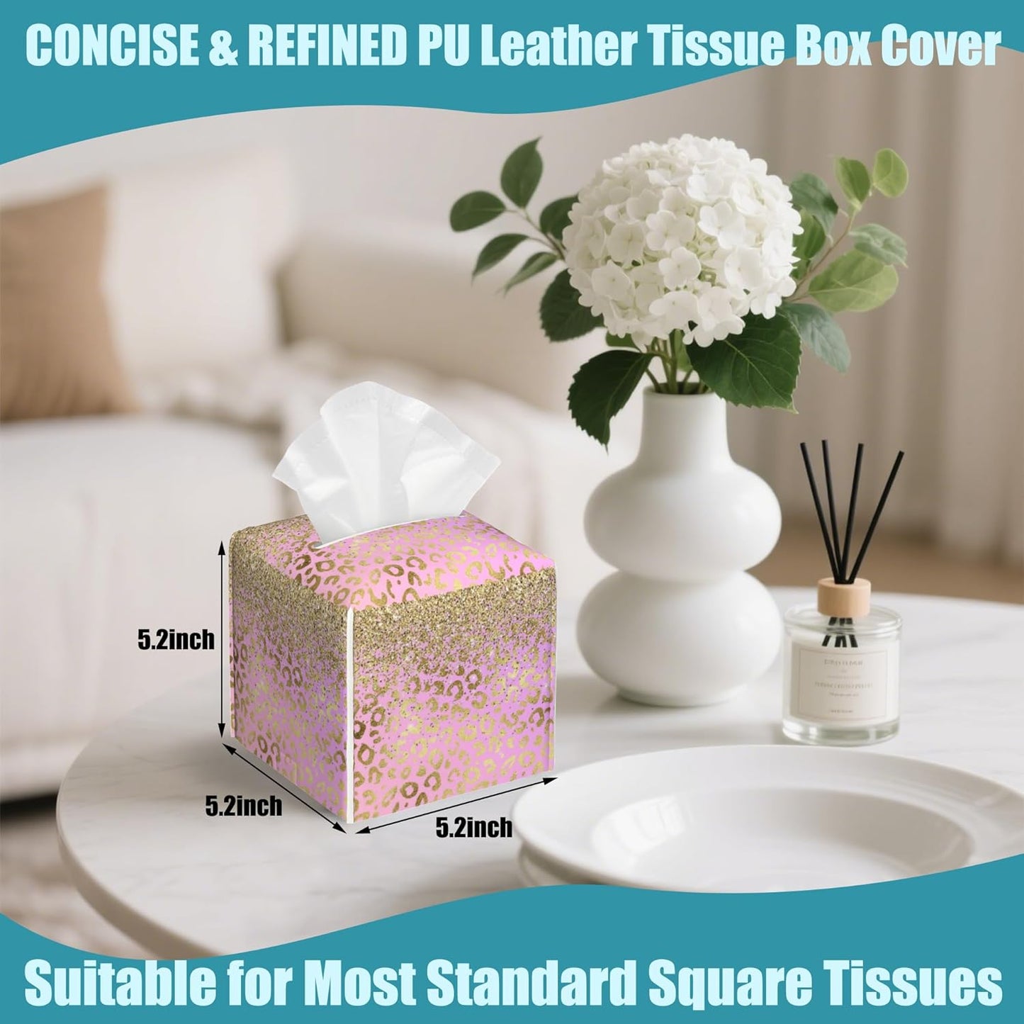 Pink Golden Leopard Tissue Box Cover Square,Gold Glitter Leather Tissue Holder,Waterproof Leather Facial Paper Organizer Tissue Box Cover for Home Office Bathroom Vanity Countertop,5.2" x 5.2" x 5.2"
