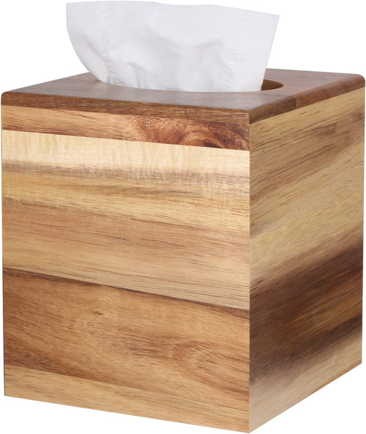 Tissue Box Cover, Acacia Wood Square Tissue Box Holder with Slide-Out Bottom for Bathroom, Bedroom, Dinner Table, Office