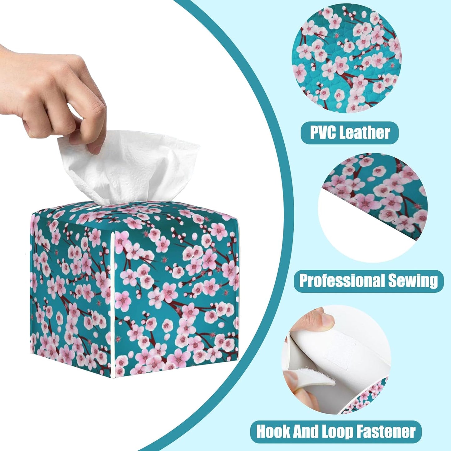 Pink Cherry Flowers Tissue Box Cover Square,Plum Leather Tissue Holder with Bottom Belt,Waterproof Leather Facial Paper Organizer Tissue Box Cover for Home Office Vanity Countertop,5.2" x 5.2" x 5.2"