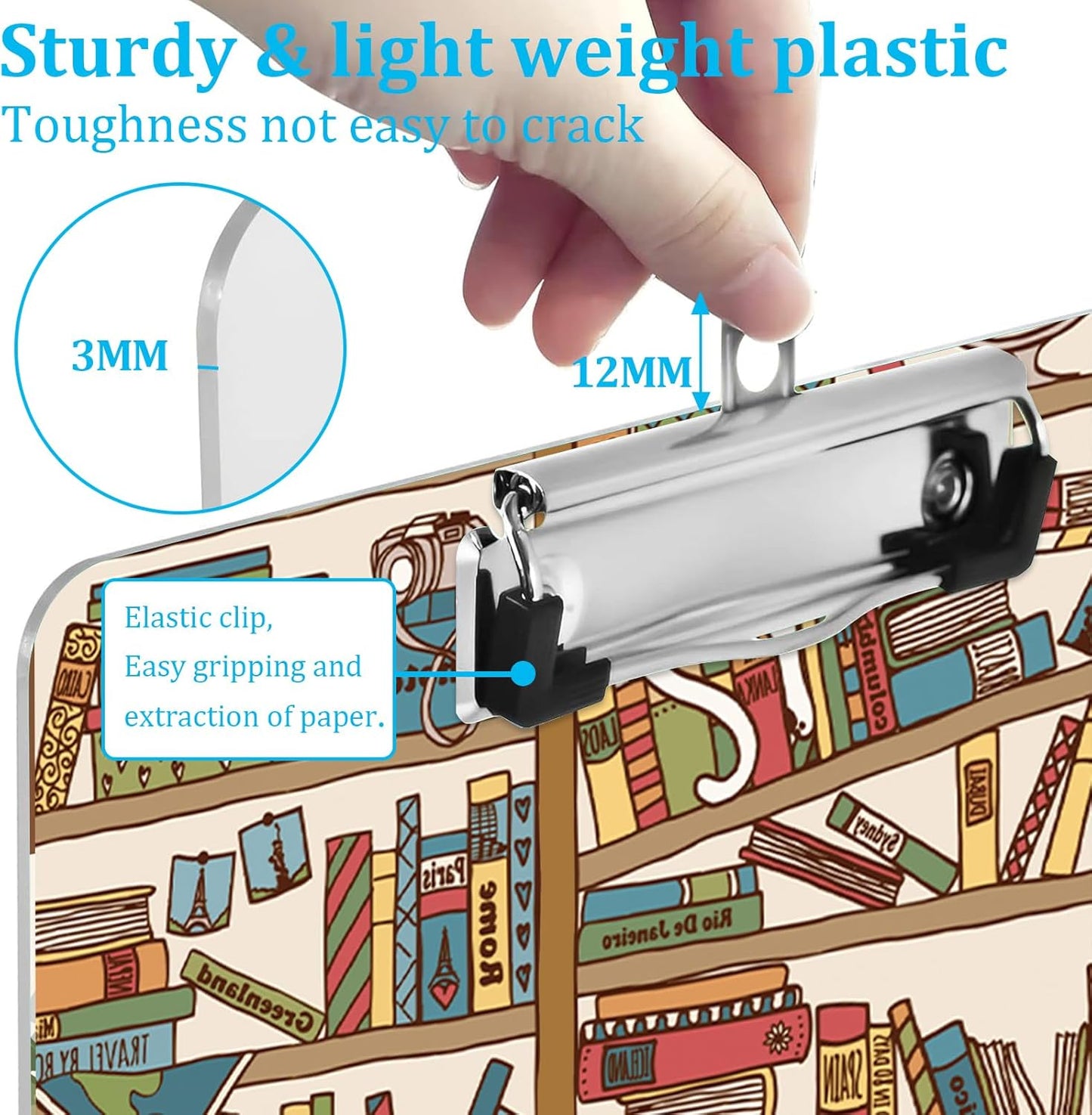 The Cat and The Bookshelf Plastic Clipboard with Finish Clip 8.7" x 12.5" Perfect for Modern Office Seminars Workshops Home School Classroom and Event