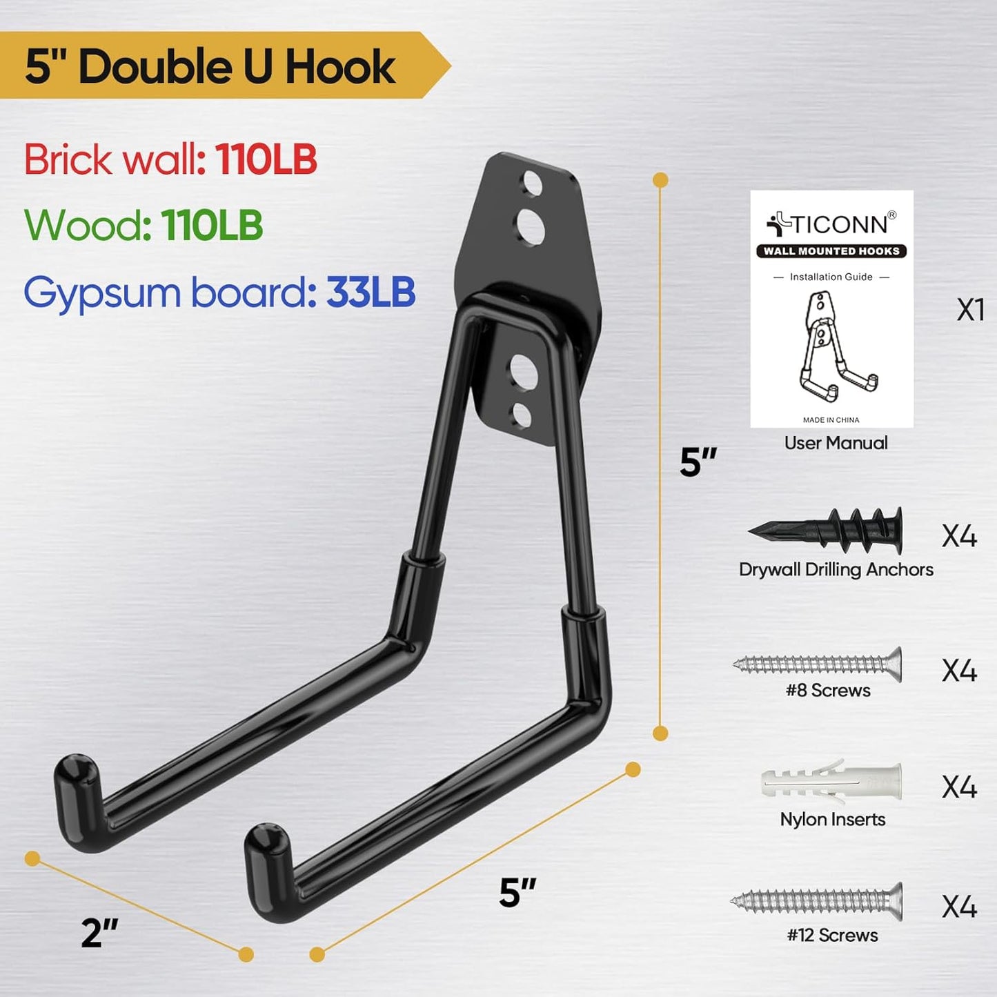 TICONN 2 Pack Heavy Duty Garage Hooks, Steel Utility Wall Storage Hooks, Wall Mount Hanger Organizer for Ladders, Bikes, Tools, Bulky Items (Medium, Orange Square)