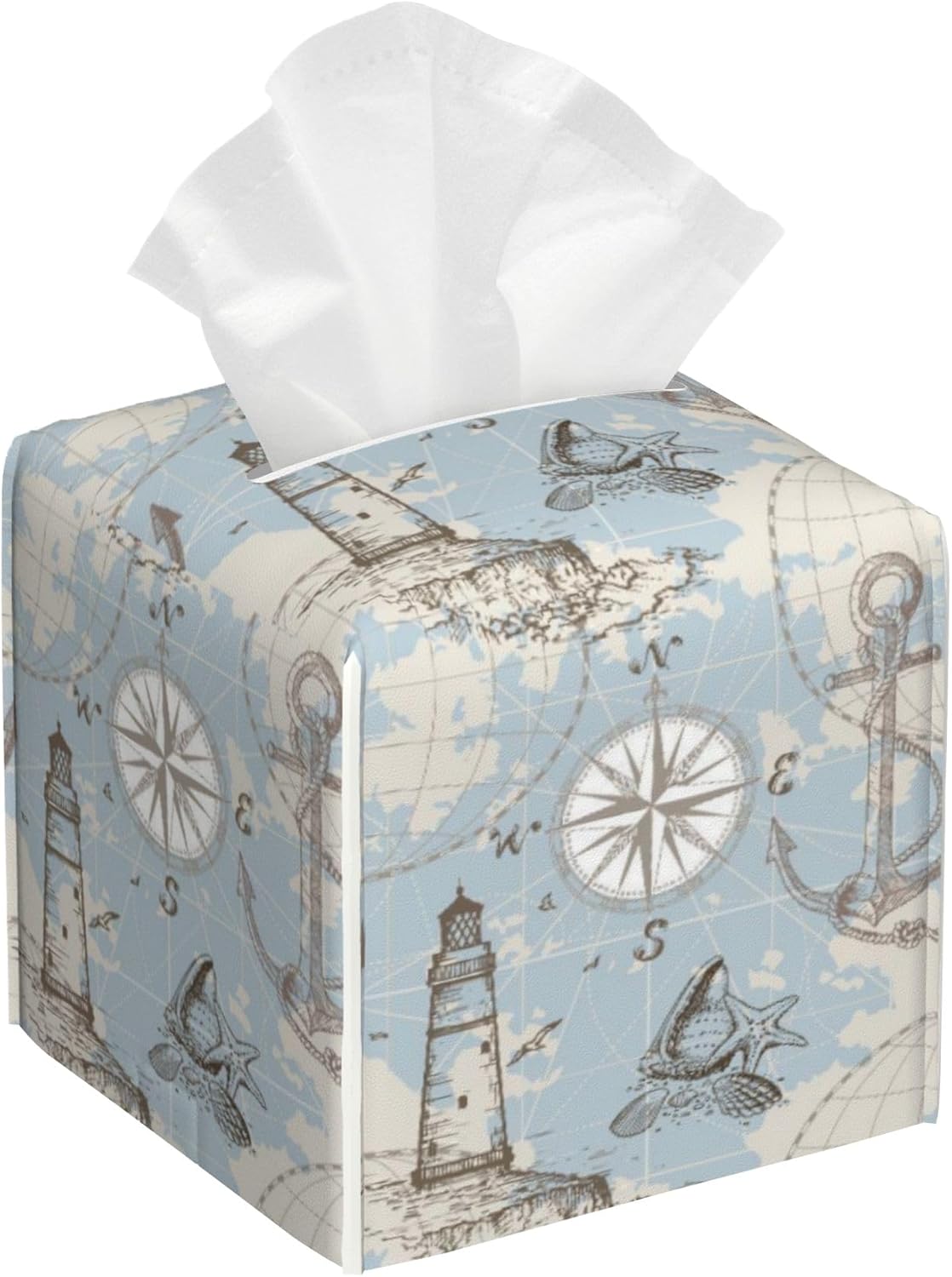 Compass Sea Map Tissue Box Cover,Anchor and Seashells Tissue Box Holder Square,Waterproof Leather Organizer Portable Decorative Facial Paper for Bedroom Dresser Night Stand Office,5.2" x 5.2" x 5.2"