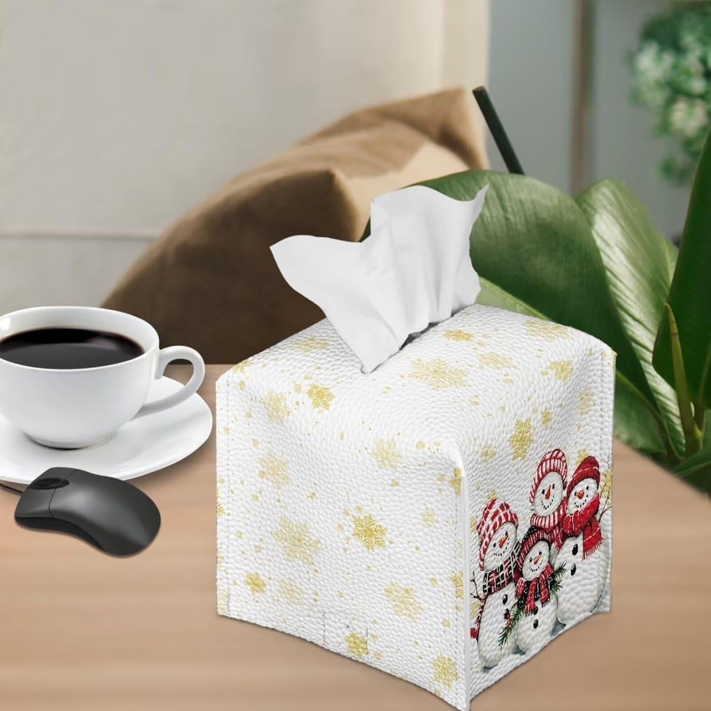 Cute Snowman Leather Tissue Box Cover Christmas Decor Tissue Box Cover Square 5x5x5 Home Decorative Tissue Boxes for Living Room Bedroom Bathroom