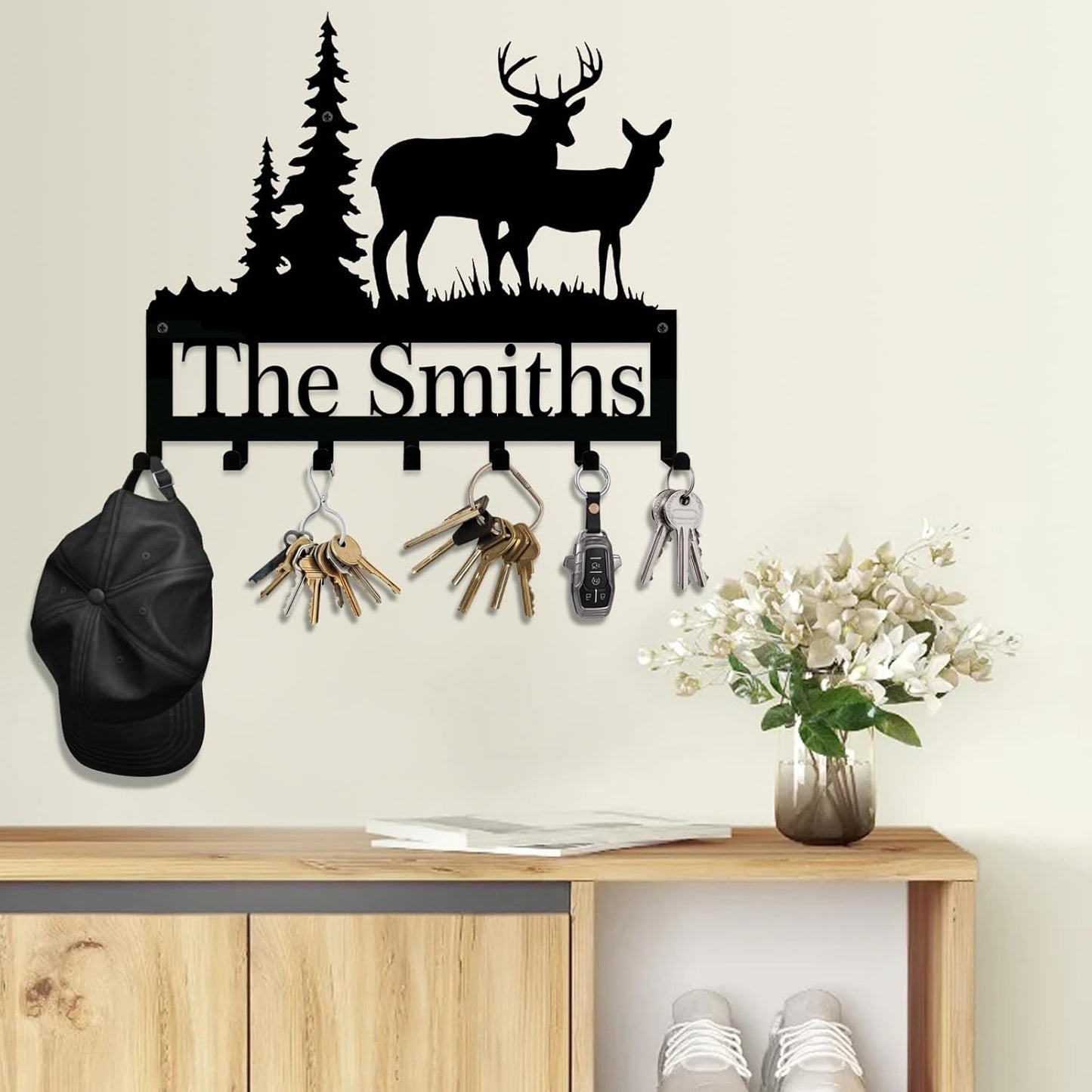 Personalized Family Name Metal Wall Sign With Hooks - Custom Rustic Deer Forest Key Rack Key Hanger for Entryway, Cabin, or Farmhouse Decor