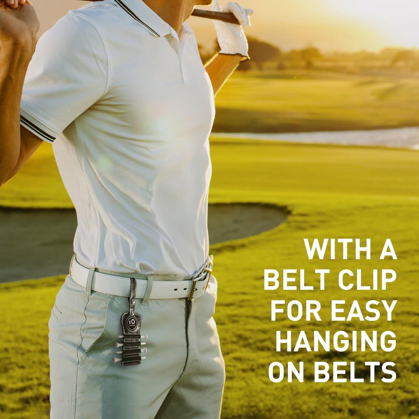 FINGER TEN Golf Tee Holder with Ball Marker and 4 Pcs Wood Tees Value 1/2 Pack, Luxury Leather Gift Hook to Golf Bag Belt Clip