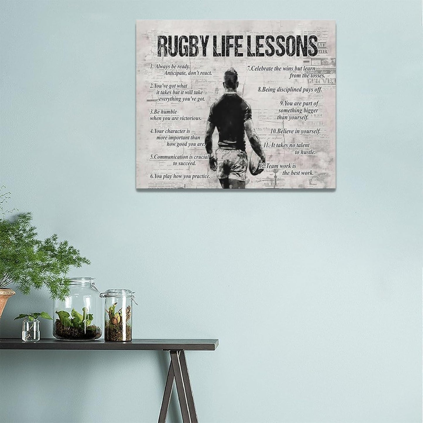 Rugby Life Lessons Wall Art Rugby Sports Wall Decor Rugby Sign Retro Poster Boy Men Motivational Decorations Canvas Print Painting Artwork for Bedroom Bathroom Living Room Gym 24"x20"