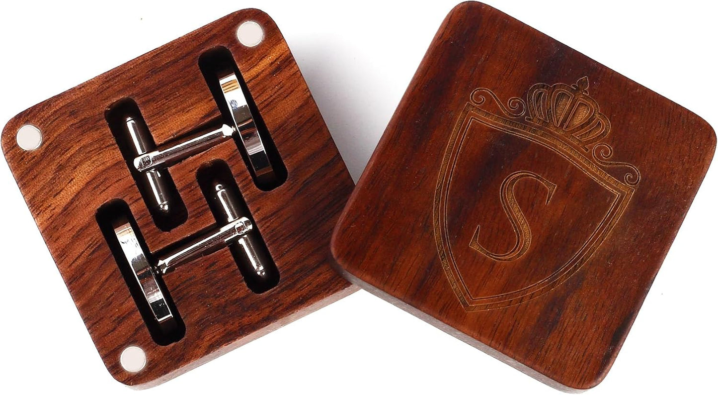 Mens Initial Silver Cufflinks A-Z Alphabet Letter Steel Cuff Links with Engraved Walnut Wood Box Groom Groomsman Wedding Set…