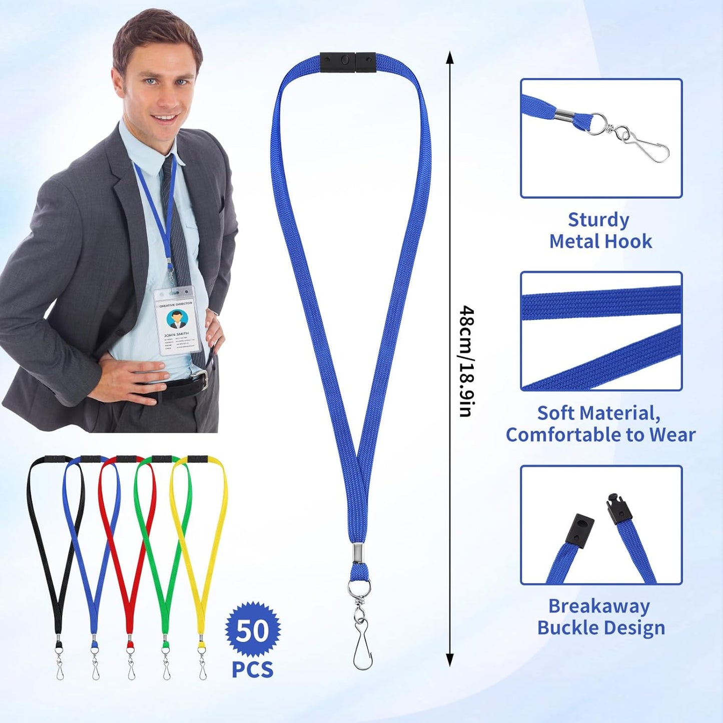 50 Pcs Breakaway Lanyard for Id Badges Lanyards Break Away Safety Lanyard Teacher Volunteer Student Team Lanyards for Keys (5 Colors)
