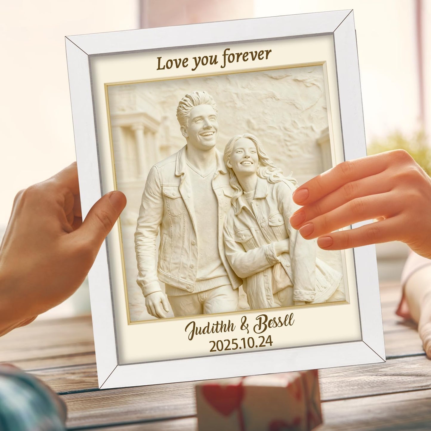 Personalized Couple Photo Frame Ornament Custom Name 2D Wood Desk Picture Frame Decor Gift for Men Women Family Couple Lover Birthday Xmas Anniversary (Style 18)
