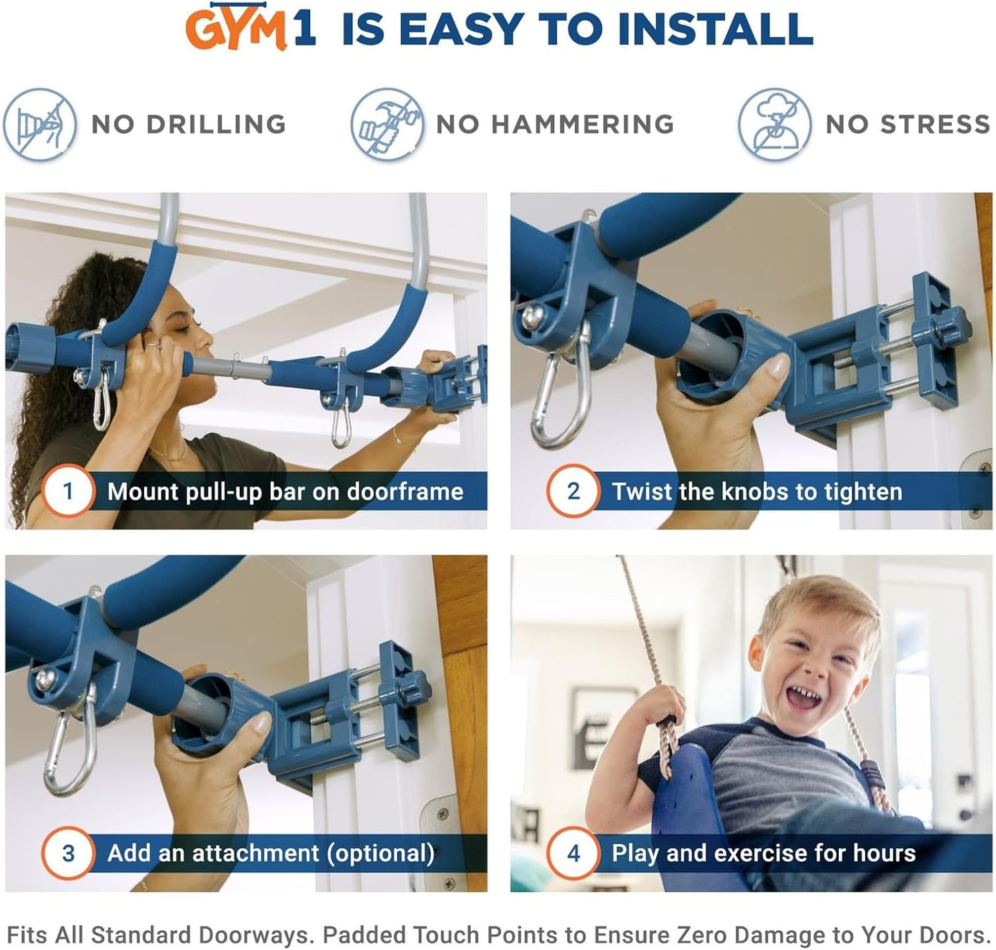 Gym1 Doorway Swing & Pull-Up Bar Gym - Pull-Up Bar Strength Training & Kids Exercise Equipment - Sensory Swing & Rope Ladder Indoor Playset - Indoor Playground for Kids - 2-Piece, Blue