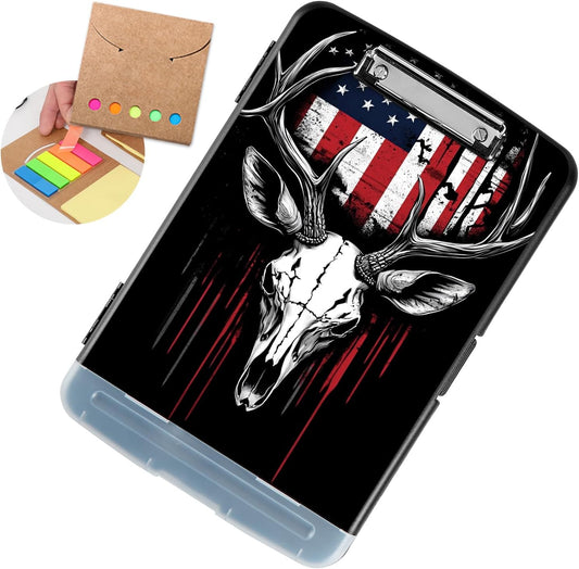 Clipboard with Storage - Large Capacity,Nursing Clipboard with Pen Holder,Heavy Duty,Plastic Side-Opening Folder for Teacher,Nurse - Deer Skull American Flag
