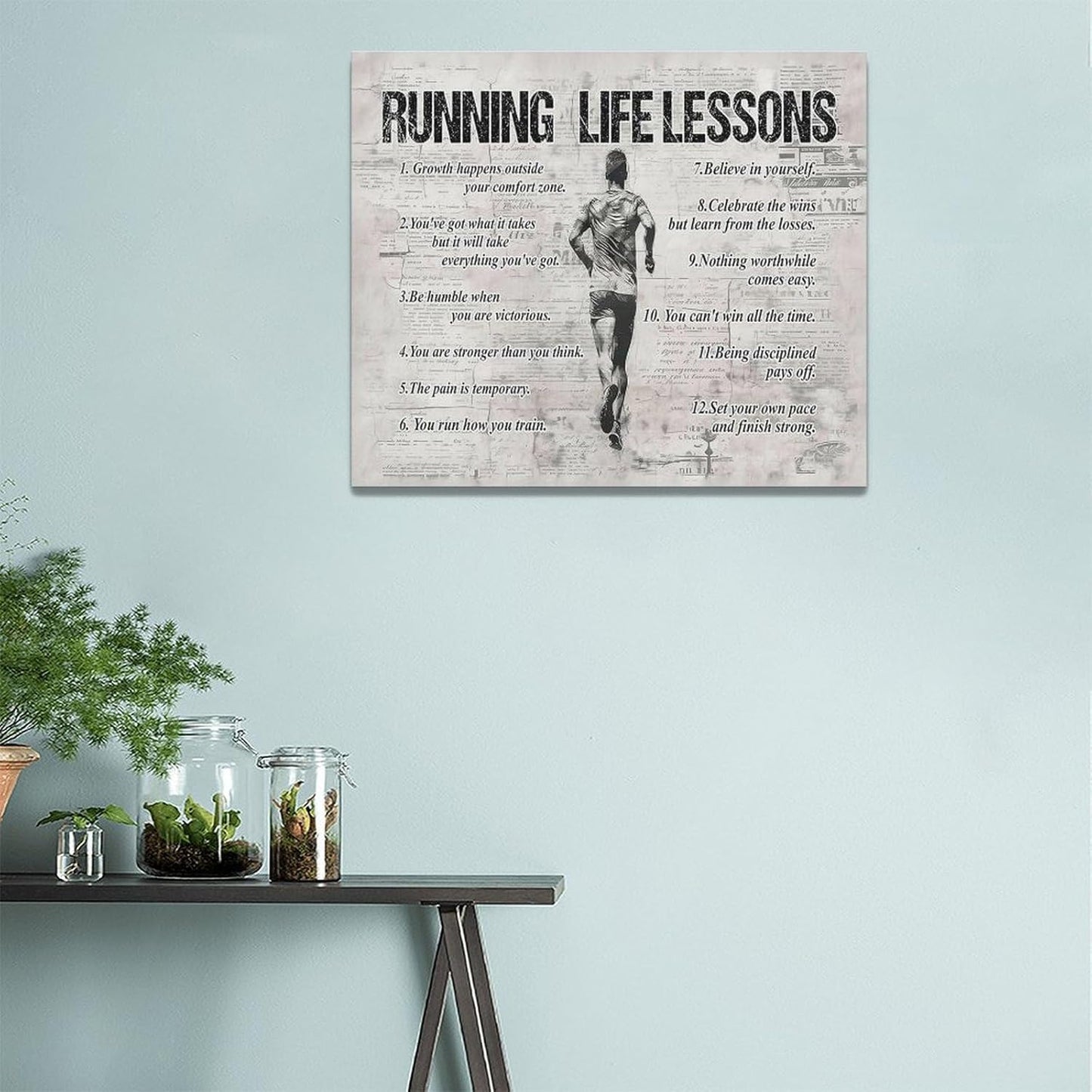 Running Life Lessons Wall Art Running Sports Wall Decor Running Sign Retro Poster Boy Men Motivational Decorations Canvas Print Painting Artwork for Bedroom Bathroom Living Room Gym 24"x20"