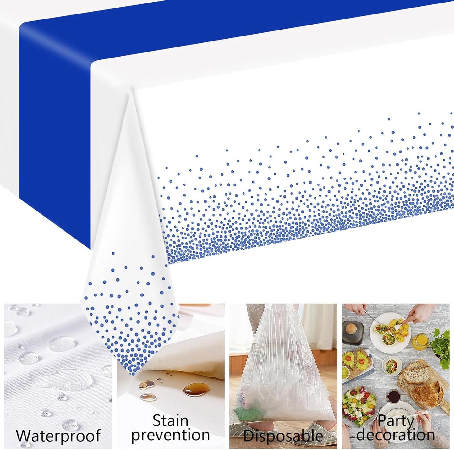 6 Pack Rectangle Plastic Dot Tablecloth Set, 54 X 108 Inch Plastic Table Cover, 12 x 108 Inch Satin Table Runners for Wedding Graduation Birthday New Year Party Decorations (White, Blue)
